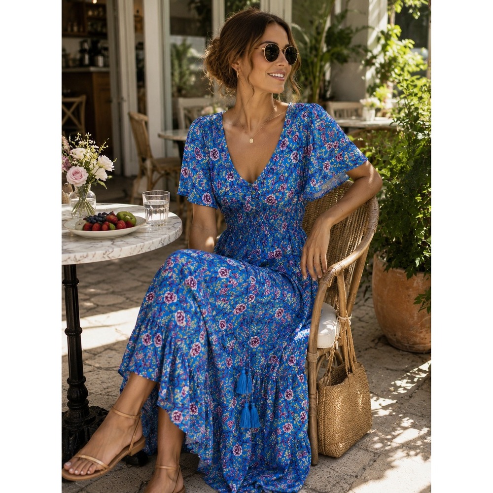 Sunday Mi Amor Anthropologie Blue Floral Maxi Dress Boho Tiered Size Small